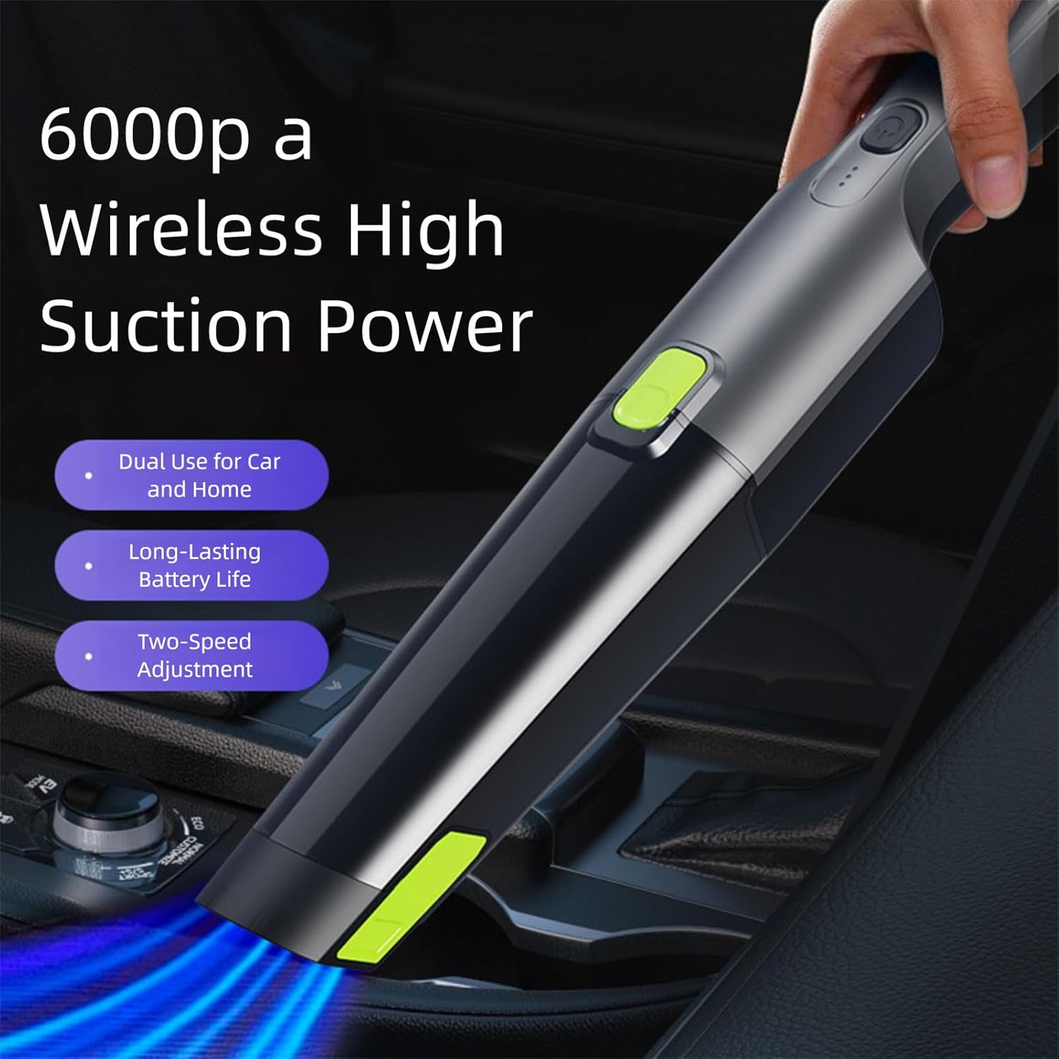 Handheld Vacuum Cleaner Cordless 6000Pa Suction with LED Light, Dual Speed Rechargeable Mini Vacuum for Home, Car & Pet Hair, Low Noise 44–55dB, Type-C Fast Charging, Lightweight 430g