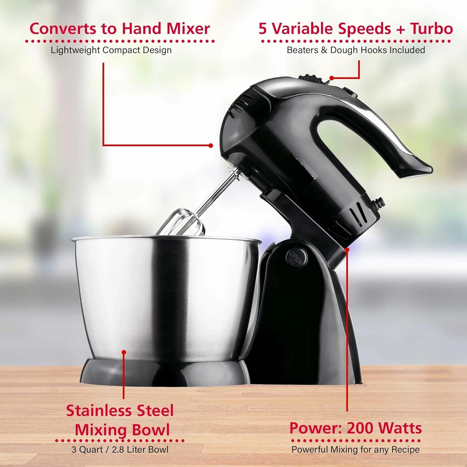 5-Speed Stand Mixer with Stainless Steel Bowl – 200W Electric Mixer with Detachable Hand Mixer for Dough, Batter, and Baking – Compact Kitchen Appliance in Black or White (Black)