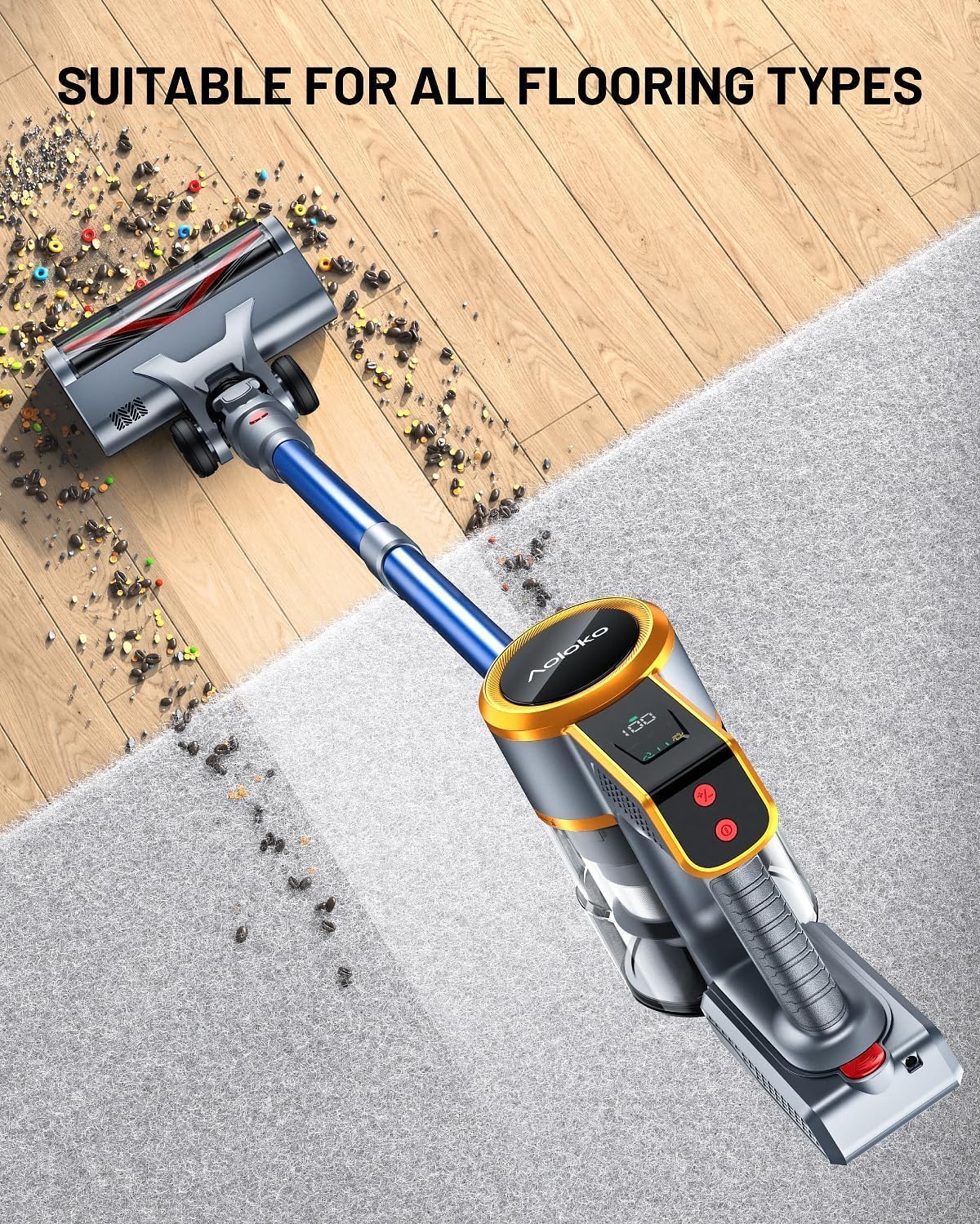 Cordless Vacuum Cleaner, 550W/45KPA 60Mins Runtime Vacuum Cleaners for Home with LED Display,Self-Standing Anti-Tangle Stick Vacuum Cleaner,1.5L Dust Cup Vacuum for Pet Hair, Carpet, Hard Floors