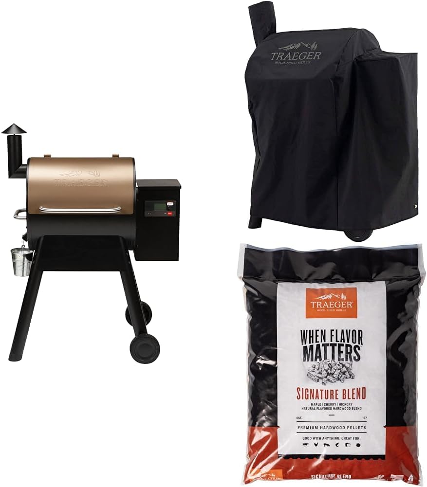 Pro 575 Wood Pellet Grill and Smoker, Bronze with Full-Length Cover and Signature Blend Pellets 18 lb Bag