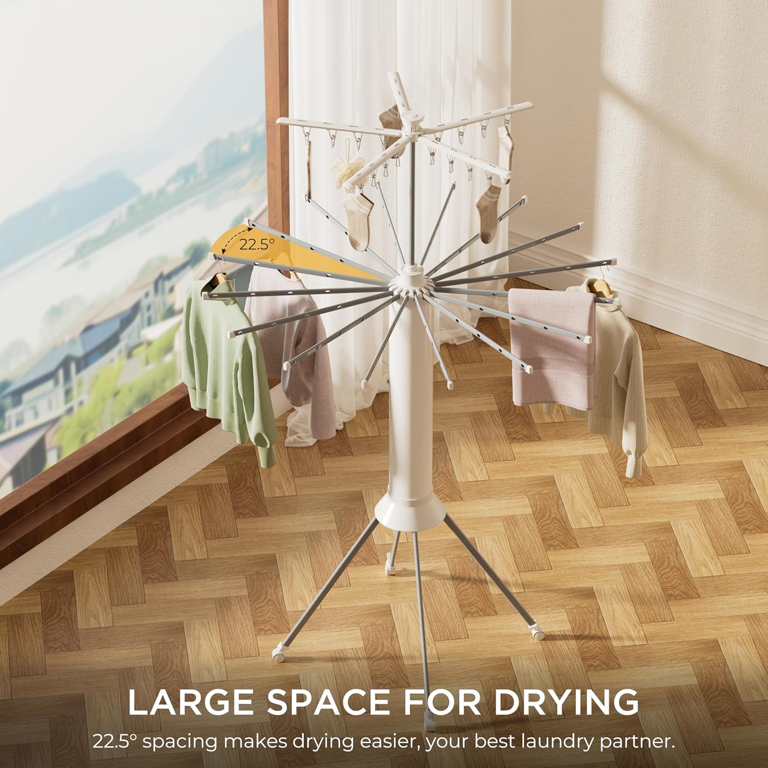 Clothes Drying Rack Foldable, 4-Legged Double Dryer Rack with 20 Clips, Laundry Drying Rack with 4 Pulleys, Portable Drying Rack Clothing, Collapsible Indoor Hanging Dry Rack for Clothes, Socks, Towel