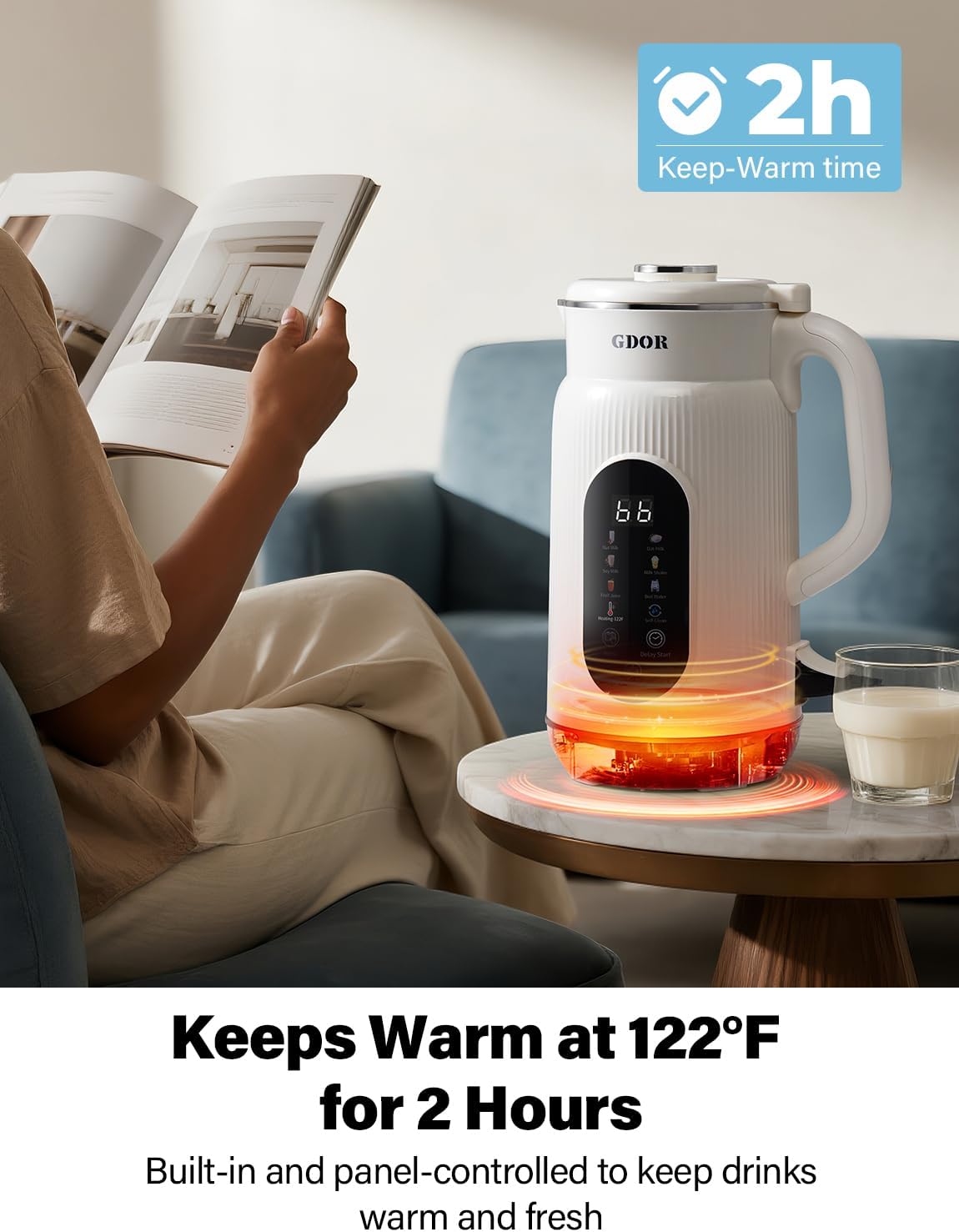 GDOR 42oz Smart Nut Milk Maker, 9-in-1 Plant Milk Machine for Almond, Oat, Soy, Juice & Smoothie, Large Touch Display Blender with Keep Warm, Boil Water, 12H Delay and Self-Cleaning