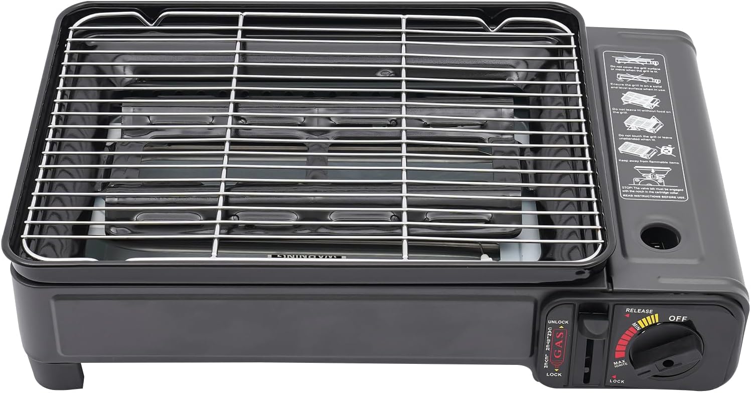 Butane Grill Stove Butane Camping Stove Kit with Oil Pan & Storage Case Auto Ignition Camping Burner Dual Fuel Tabletop BBQ Grill for Camping Traveling Outdoor Cooking