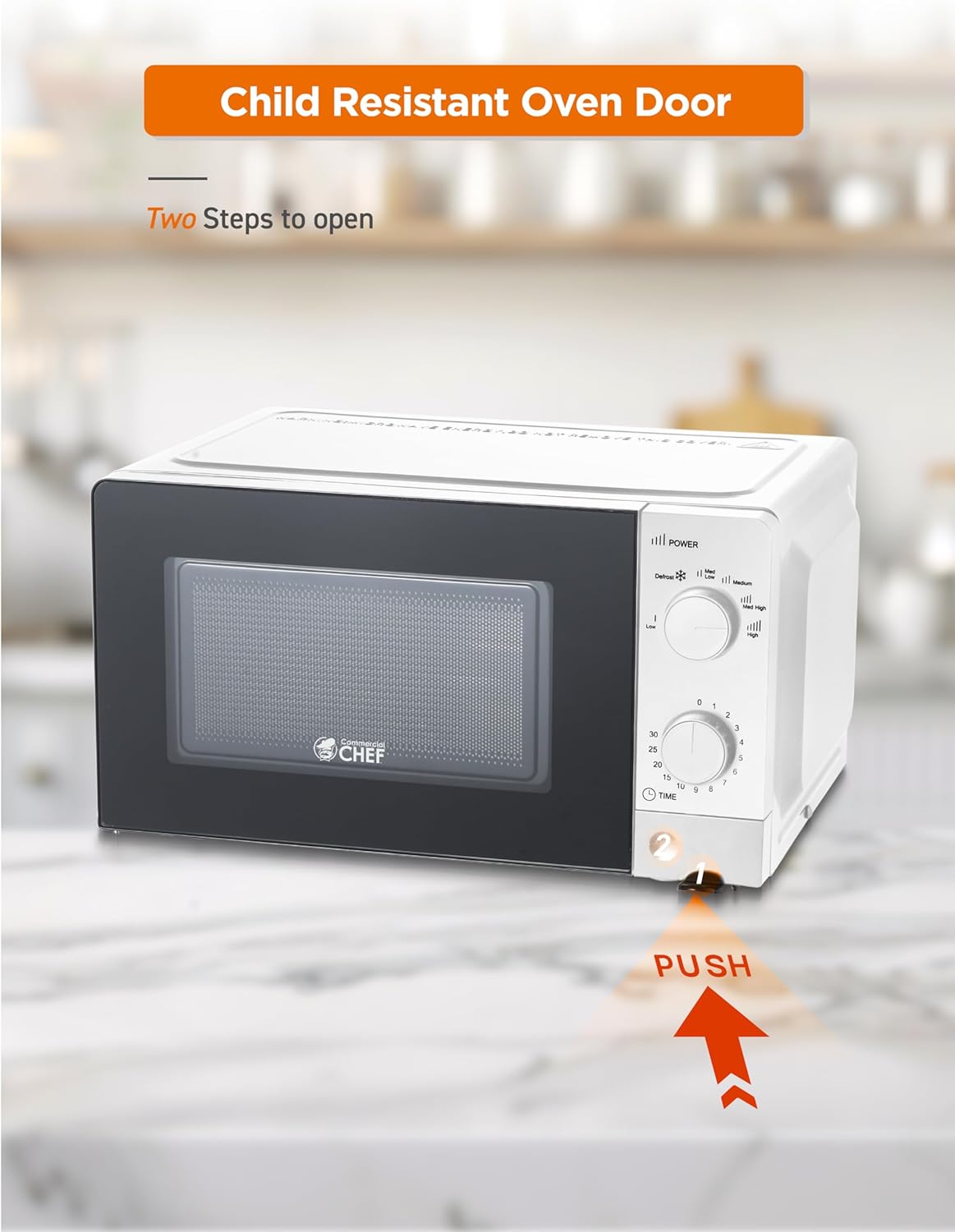 Commercial Chef 0.6 Cu. Ft. Countertop Microwave Oven, Mechanical Dial Controls, 700W, Pull Handle Door, 6 Power Levels, CHM660W, White