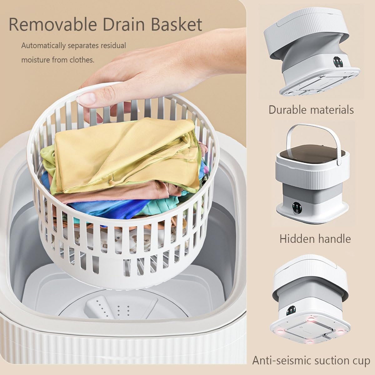 12X12X11in Foldable Washing Machine 10L Large Capacity Washer With Spin Cycle Basket And Drain Hose Travel Washing Machine For Home Dormitories Hotels(Beige)