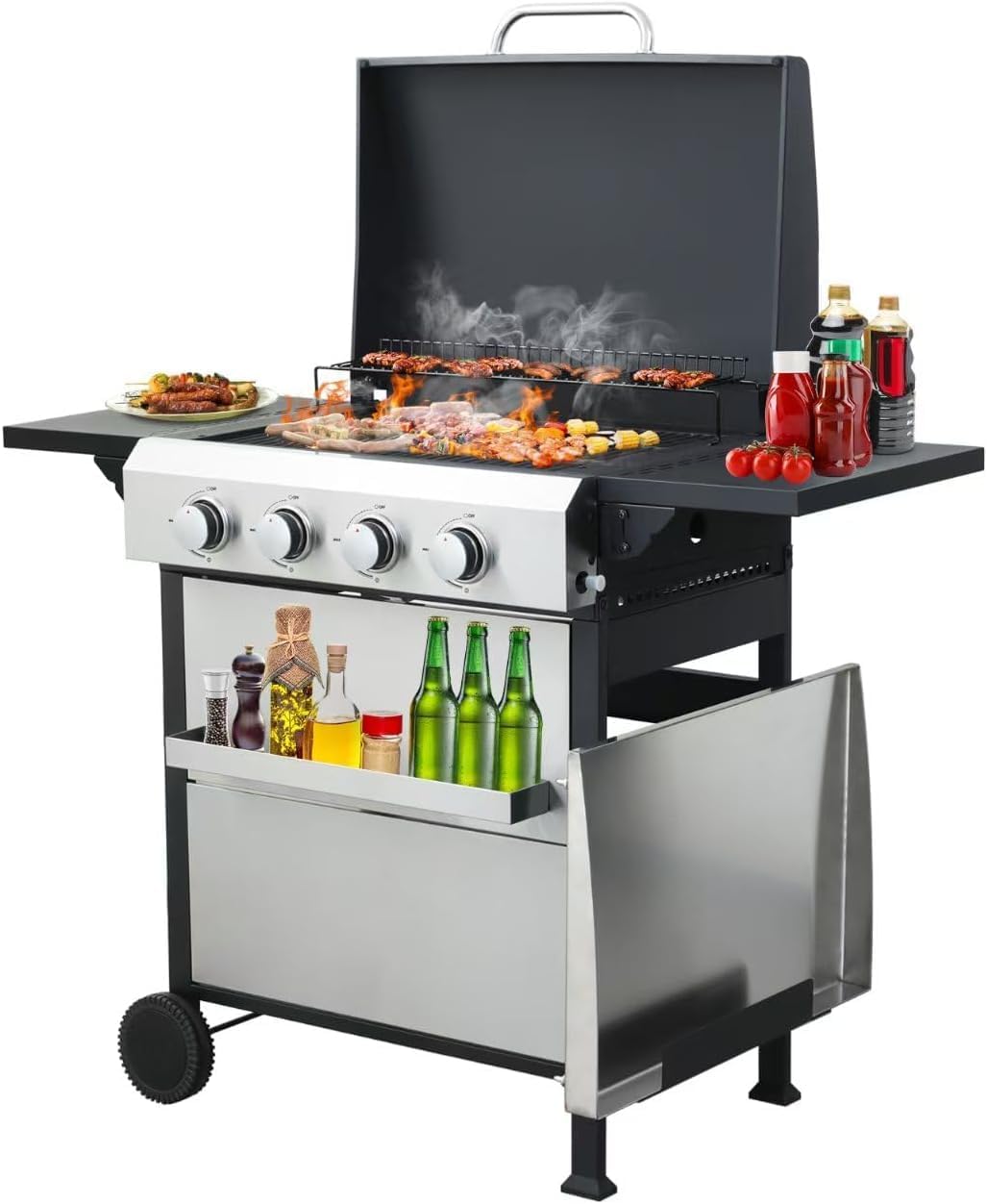 4-Burner Propane Gas BBQ Grill, SS Plancha, 49200BTU Output With Wire Enamel Cooking Grids For Outdoor Barbecue, Foldable Side Table, Hanging Basket, Stainless Steel