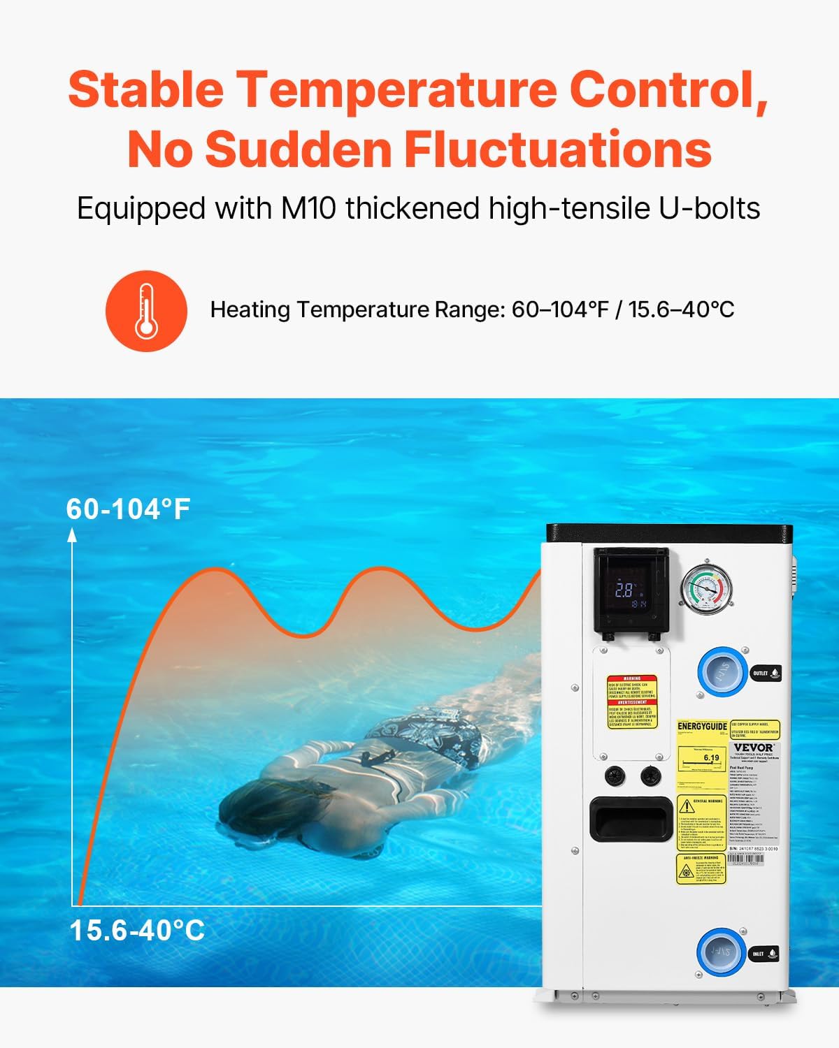 VEVOR Electric Pool Heat Pump, 35,830 BTU, Fits 6,605-13,209 Gallon Above & In-Ground Pools, Low Noise Heating & Cooling, Energy-Saving Water Heater AC208-230V 60Hz