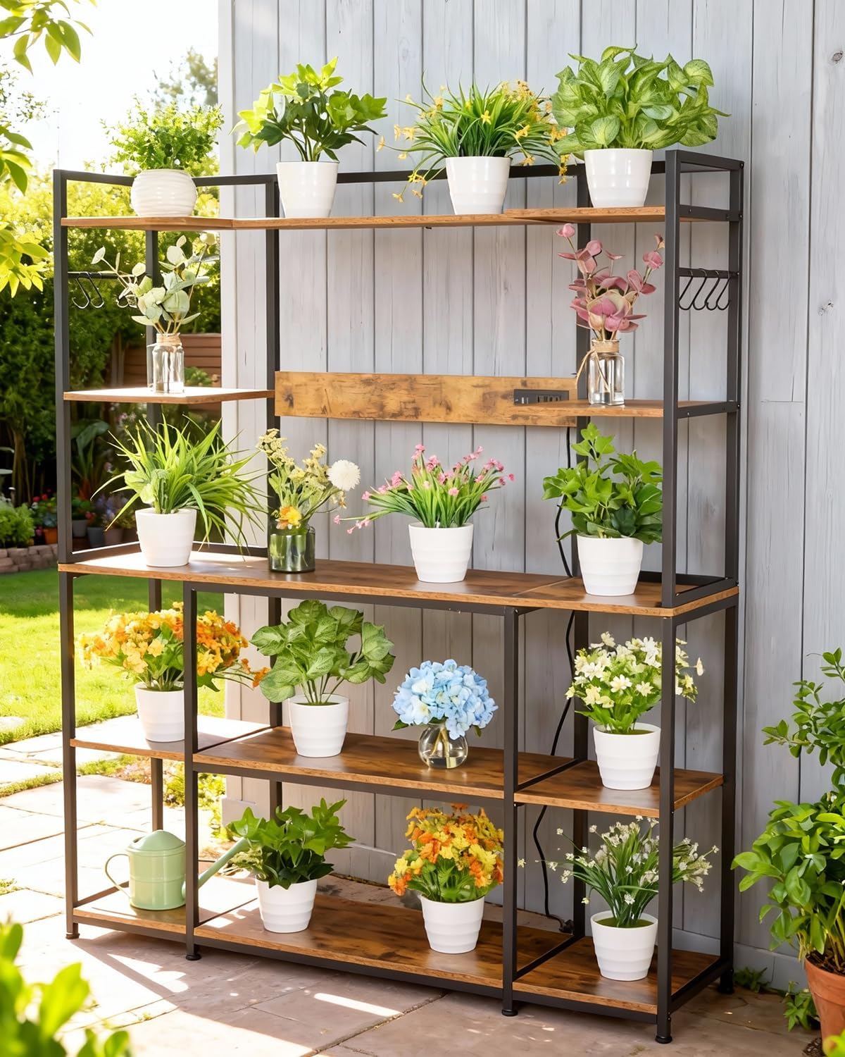 Garvee Kitchen Bakers Rack with Power Outlet 55 * 66inch, Microwave Oven Stand with Storage 4 Tiers, Coffee Bar Table with 6 S Hooks, Kitchen Storage Shelf Rack for Spices, Pots, Rustic Brown