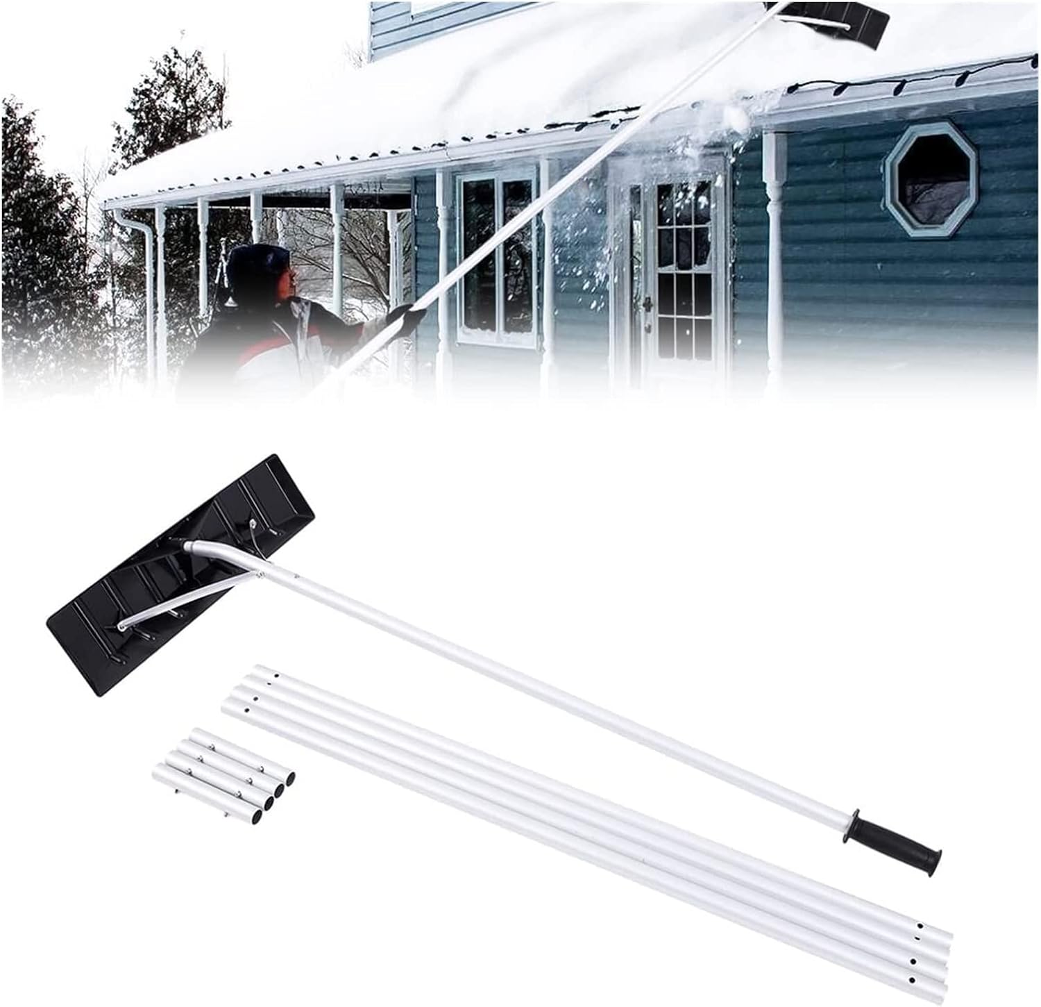 Snow Rake Lightweight Roof Rake Snow Remover, 5-20ft Large Blade Adjustable Telescoping Anti-Skid Handle, Outdoor Cleaning Tools
