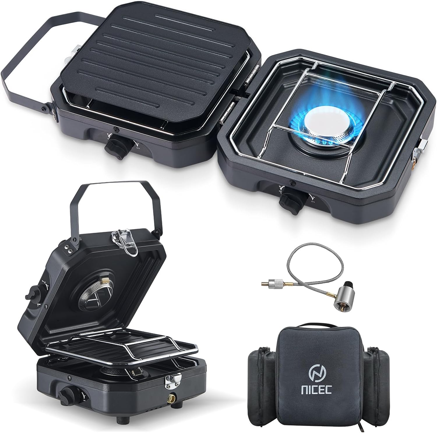 Nice C Camping Stove, Portable Camping Stove Propane, 2 Burner Propane Stove with Grill, Camp Stove, 16,000 BTU Camp Stove with 2 Burner, Grill & Carry Bag for Camping