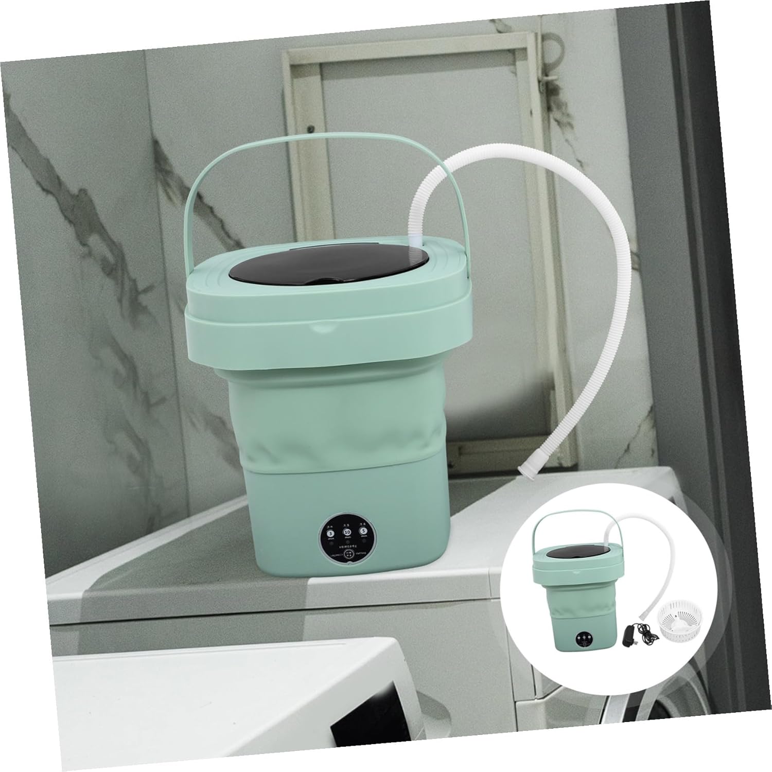 Portable Mini Collapsible Washing Machine Medium with Drain Basket and Hose Lightweight Foldable Laundry Washer for Home Dorm Rv Camping Travel US Plug Green