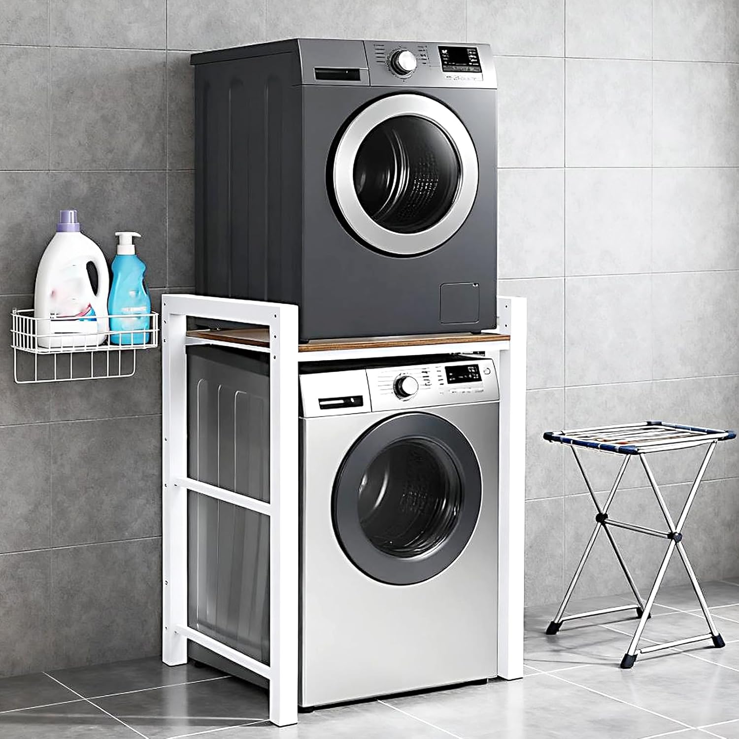 Washer Dryer Stacking Rack, 771lbs Capacity Heavy Duty Washer and Dryer Stacking Stand, 3 Adjustable Height Washing Machine Shelf forLaundry Rooms Bathrooms Balconies (White)