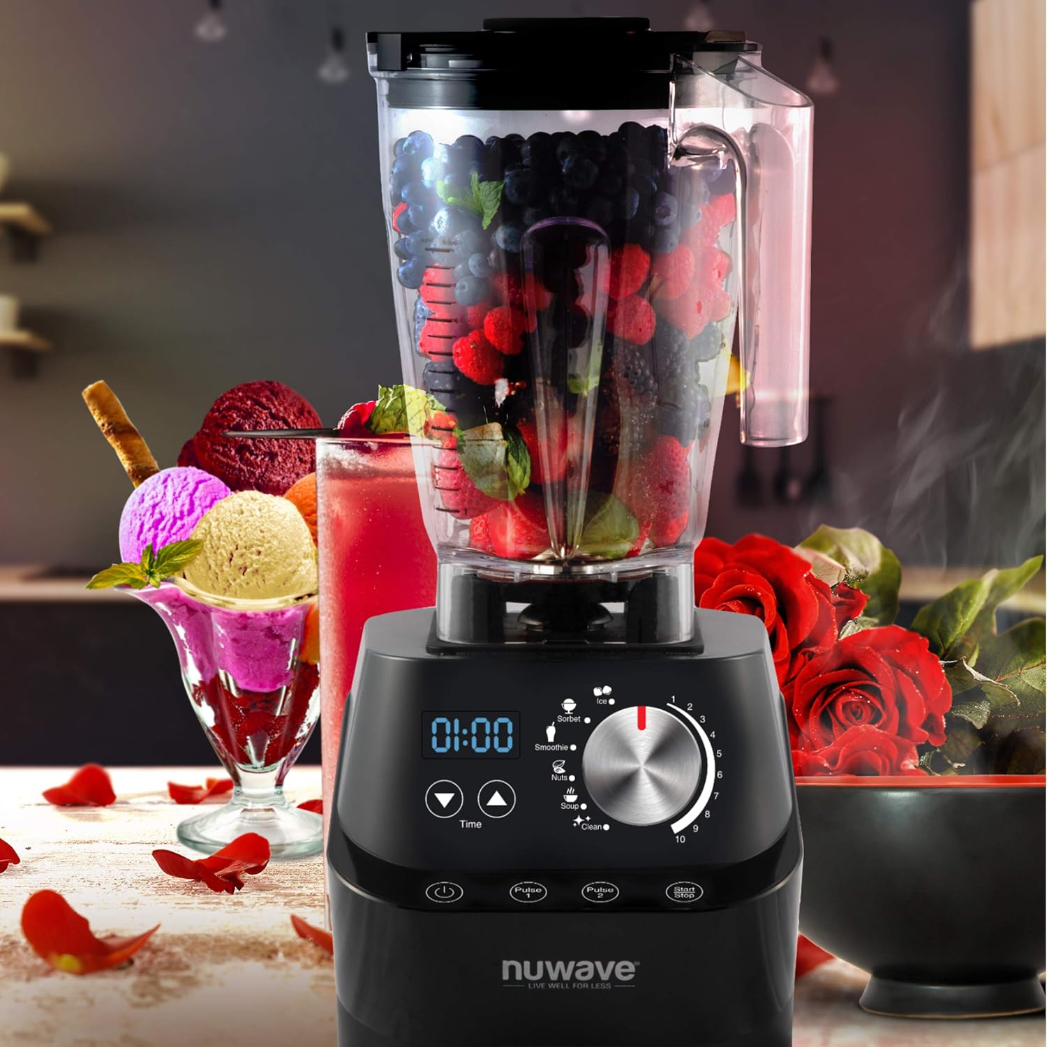NuWave Moxie Commercial Blender, Vacuum Smoothie Blender with 2.5HP Motor, Professional Grade, Self-Cleaning - 6 presets & 10 Speed Settings for Shakes, Smoothies, Nut Butters, Crushed Ice,Black, Grey