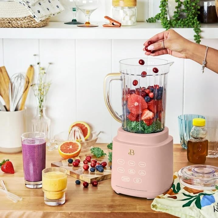 Beautiful PowerExact Blender System, Rose by Drew Barrymore – 700 W Motor, PrecisionSense, Touch Display, 50 oz Tritan Pitcher + 20 oz Cup with No-Drippy Sippy Lid (White)