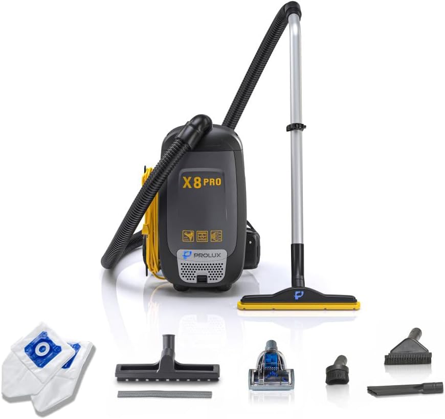 Prolux X8 Pro Backpack Canister Vacuum, Cleaner Air with 4 Stage Filtration, Super-Suction Power, 50' Power Cord, Adjustable Straps, Gadgets Galore Including Crevice, Duster & Upholstery