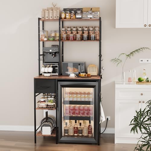 Ollieroo Kitchen Mini Fridge Stand with Storage, Microwave Oven Stand Table with Power Outlet, 34.6