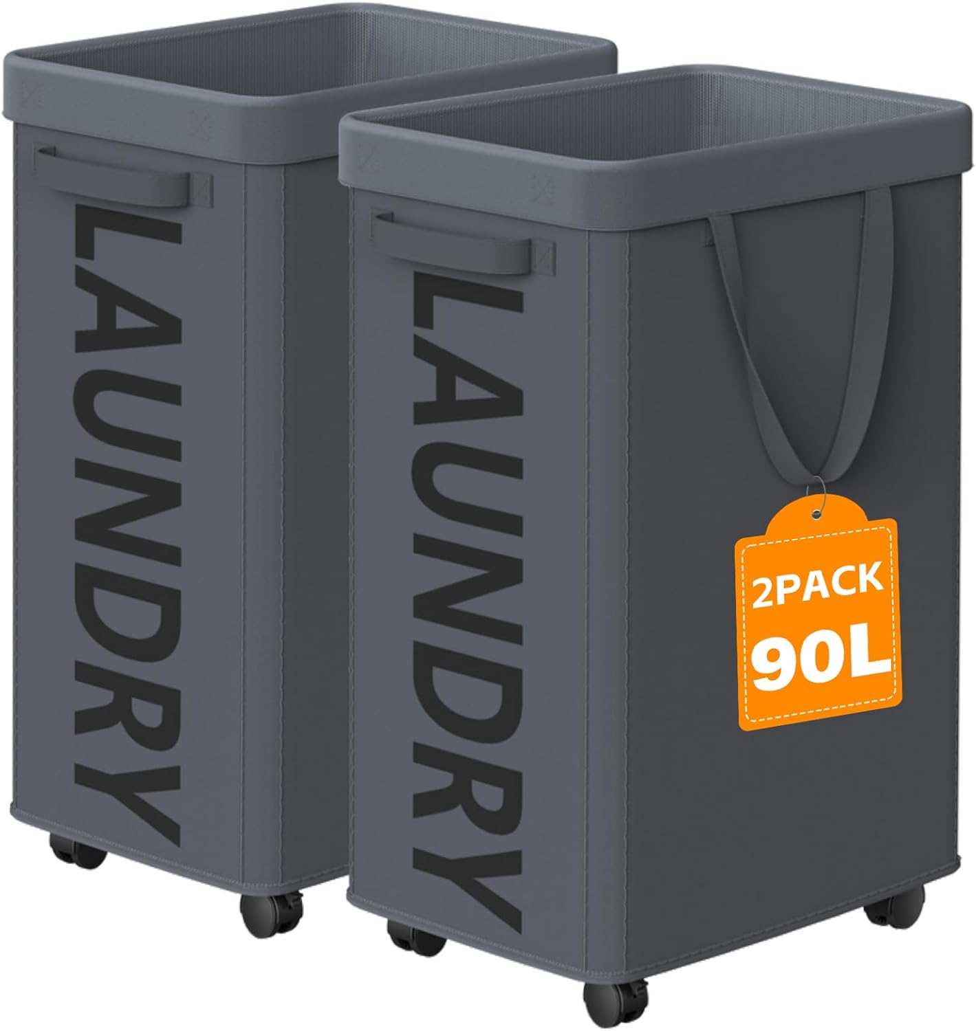 2 Pack Laundry Basket with Wheels, 90L Rolling Laundry Hamper with Wheels, Large Clothes Hamper on Wheel with Removable Mesh Bag for Bedroom, Dorm