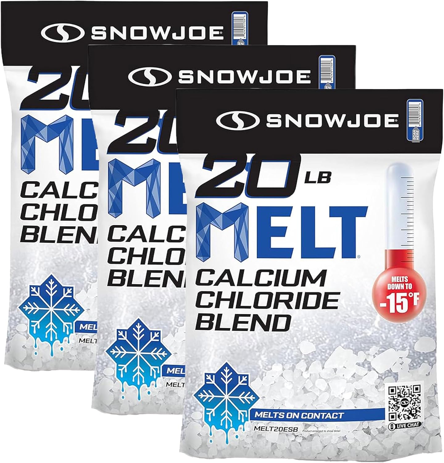 Snow Joe 3 Pack Calcium Chloride Blend Snow & Ice Melt Fast-Acting Pellet-Form Deicer, 20 lb - Pet-Friendly Melter for Driveways, Roofs, Sidewalks & Stairs, Non-Tracking & Easy-Pour Pellets, MELT20ESB