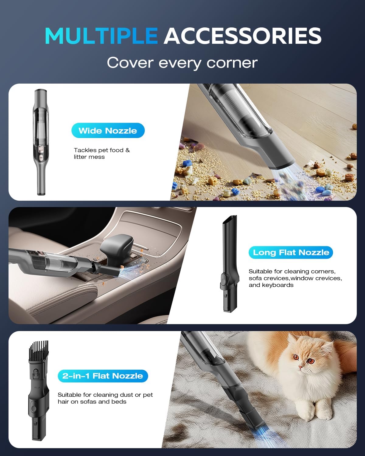 Zefiro Compact & Powerful Cordless Handheld Vacuum, Rechargeable Portable Car Vacuum for Car & Pet Hair, with XL Dust Cup, High-Suction, 2 Brushes & Filters, Long Runtime