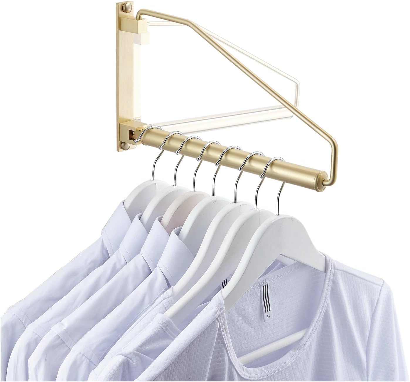 NEWRAIN Folding Wall Mounted Clothes Hanger Rack Clothes Hook Solid Brass with Swing Arm Holder Clothing Hanging System Closet Storage Organizer Heavy Duty Drying Rack Wall Mount,Brushed Gold