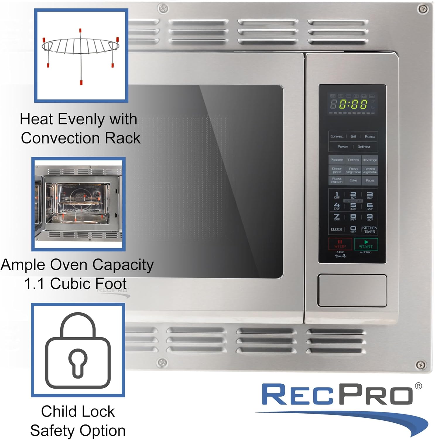 RecPro RV Convection Microwave Stainless Steel 1.1 cu. ft. | 120V | Microwave | Appliances | Direct Replacement for High Pointe and Greystone