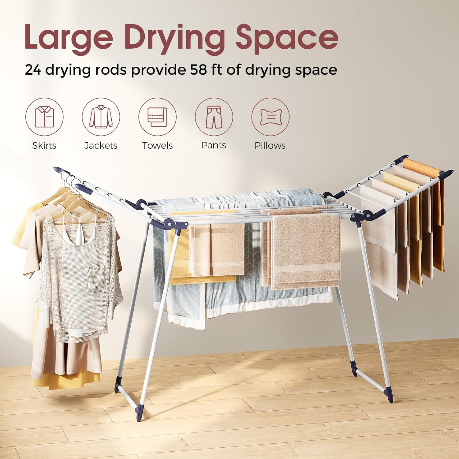 APEXCHASER Clothes Drying Rack Foldable, Large Drying Rack Clothing, Winged Laundry Rack Folding Indoor Outdoor, Metal Clothes Airer for Bedding Towel Sweater Heavy Duty, 68.9