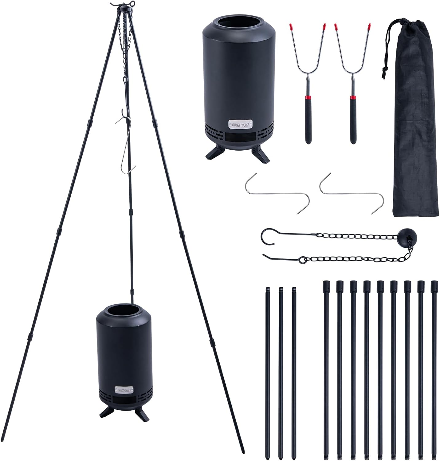 CHANGE MOORE Tripod Grill for Campfire, Portable Outdoor Over The Fire Camping Oven Tri pod with Fire Pit, Grill, Steel Grate and Legs, Campfire Tripod for Cooking