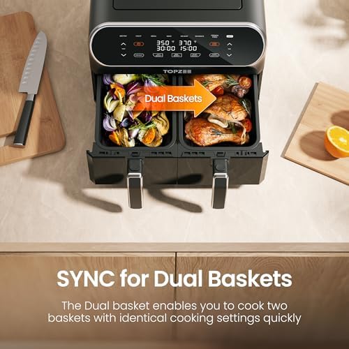 Topzee 8QT Dual Basket Air Fryer – Large 8-Quart Air Fryer with Independent Temperature Control, 8 Preset Functions, Match & Finish Together Mode, Clear Viewing Windows, Black