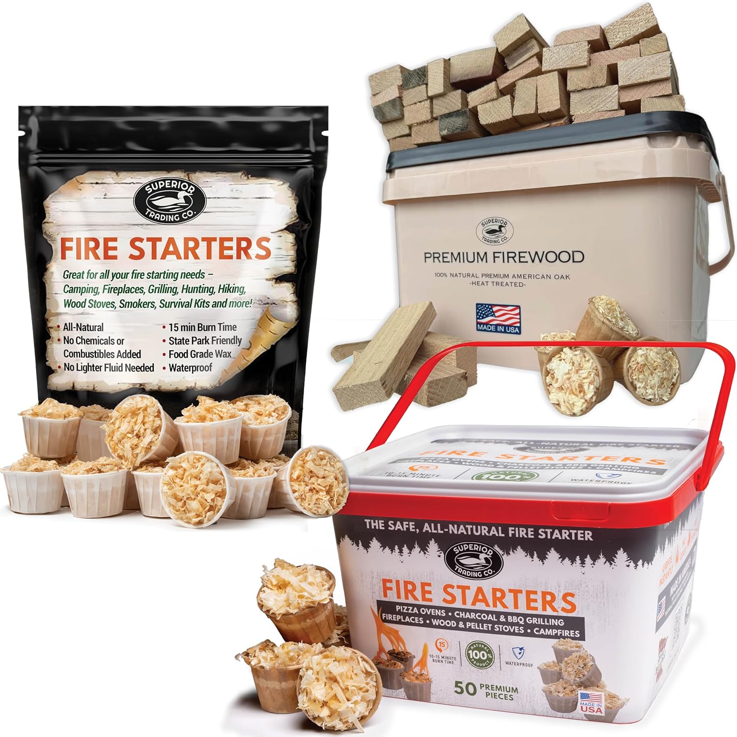 Superior Trading 3-Piece Fire Starter & Mini Firewood Bundle – 80 XL Pods + Kiln-Dried Oak Logs – Resealable Packs, Bucket & Storage Box – USA-Made Fire Starters for Fireplace, Grill, Campfire & Wood