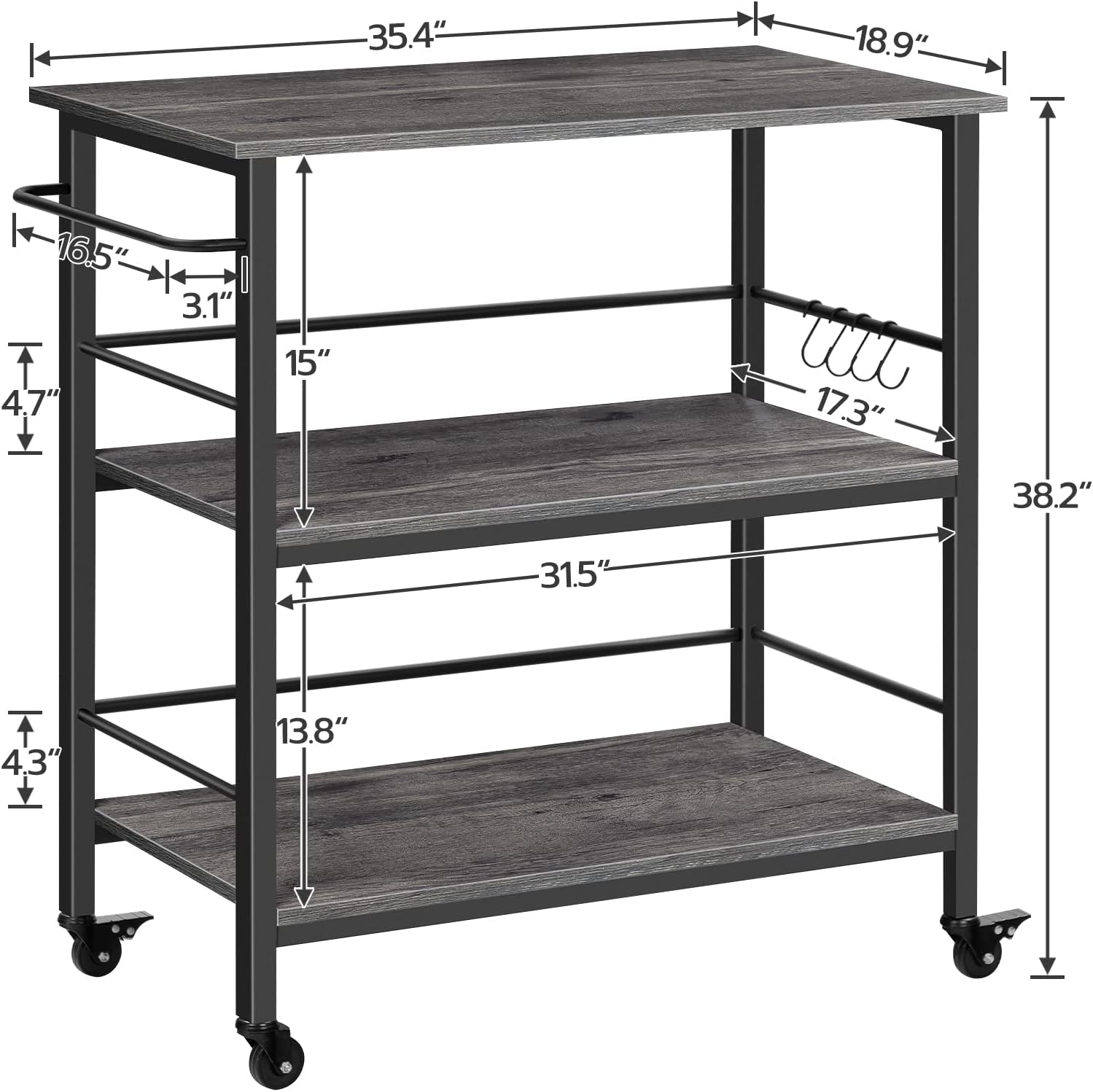 HOOBRO Kitchen Island with Storage,Industrial Kitchen Island on Wheels and Side Enclosures, 3 Tier Kitchen Cart with Large Workstation, Stable, Easy Assembly, Charcoal Gray and Black BC03ZD01