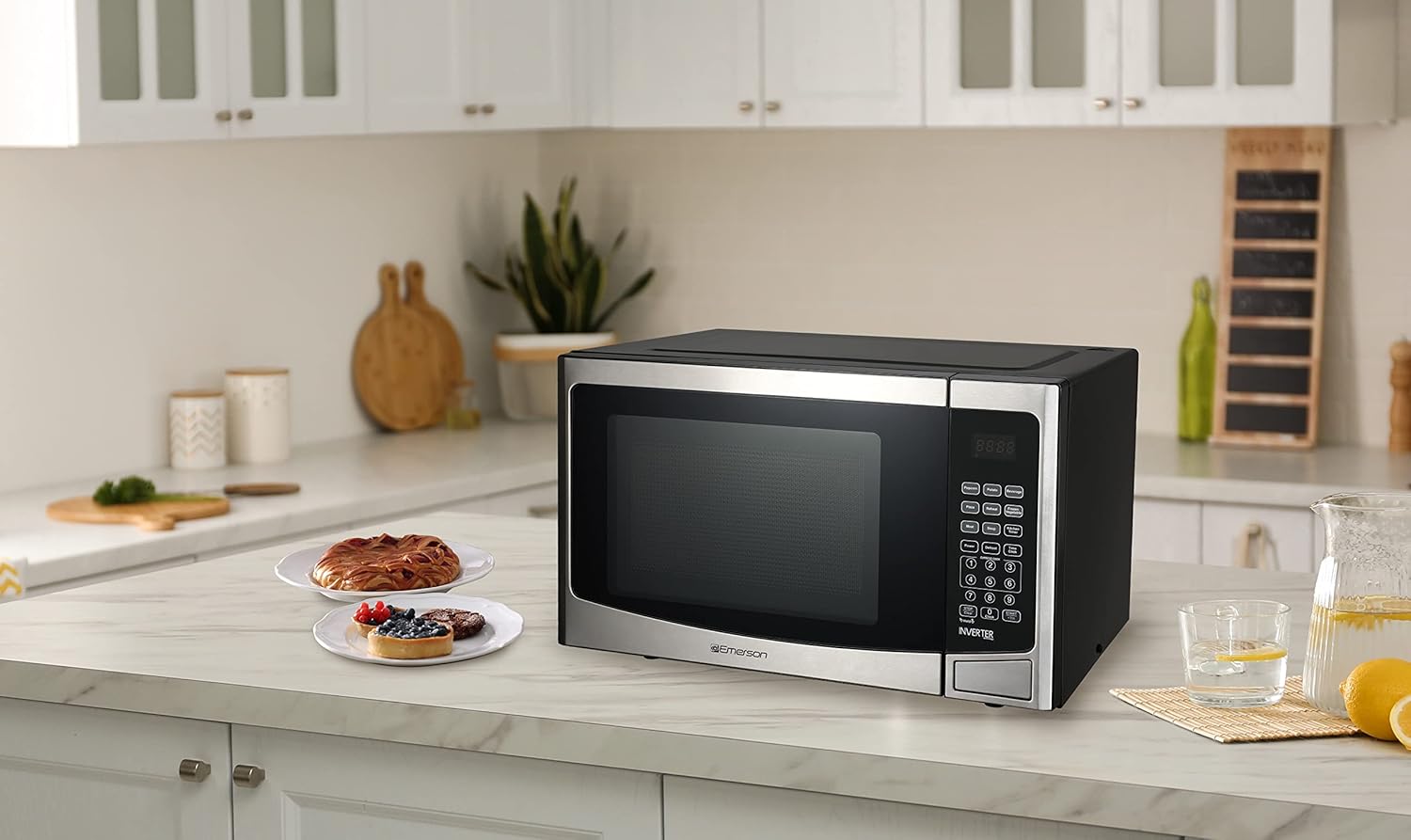 Emerson 1.2 Cu. Ft. Microwave Oven with Inverter, Timer & LED Display, 1000W, 10 Power Levels, 8 Pre-Programmed Settings, Removable Glass Turntable with Child Safe Lock, MWI1212SS, Stainless Steel