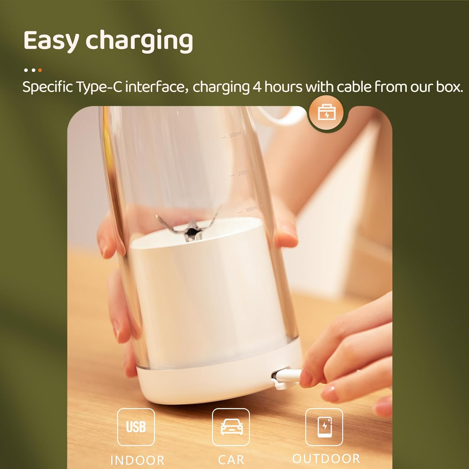 Asa Vea Mini Blender for Smoothies and Milkshakes, Portable Blender, Rechargeable, Personal Size Blender with Quota Outer Travel Lid with 6 Blades, 17 oz for Outdoors, Camping (White-550ml)