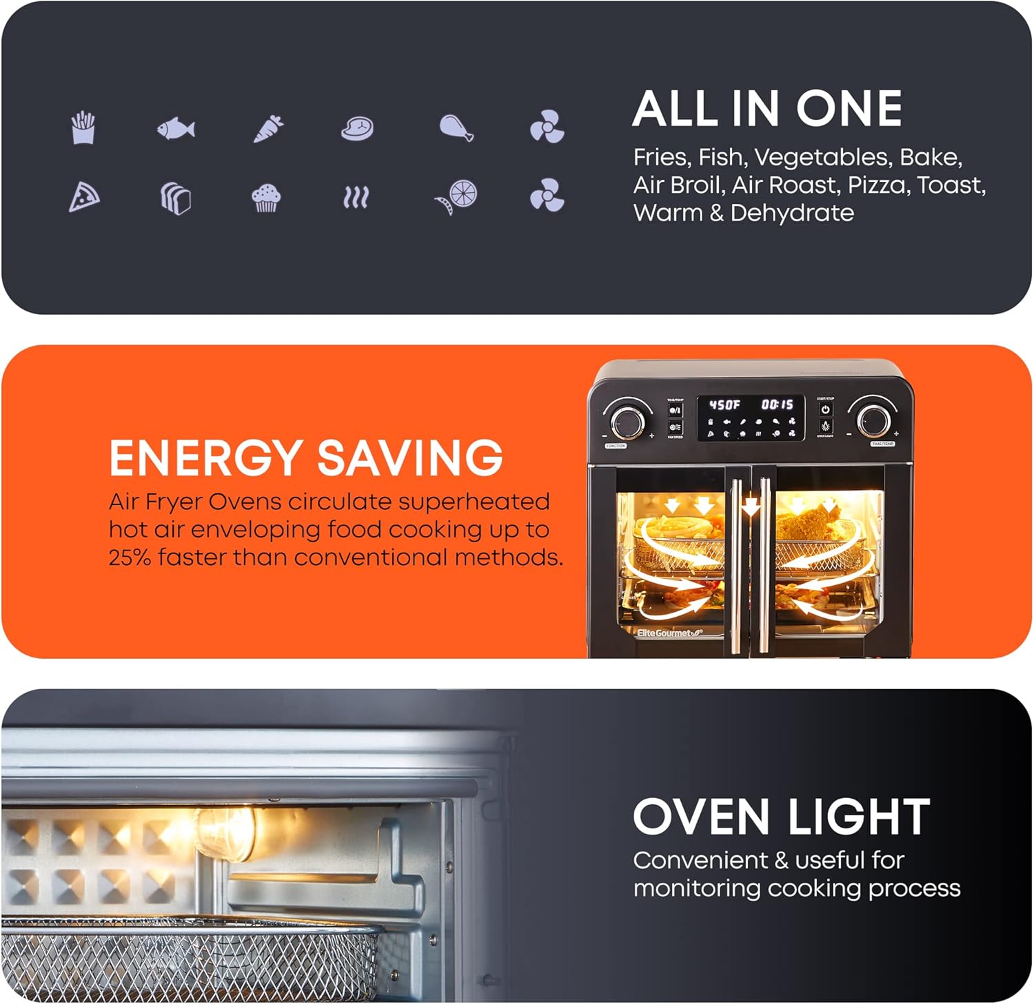 Elite Gourmet EAF9010B All Steel Exterior, 24.5Qt. French Door Air Fryer Convection Countertop Oven, 12