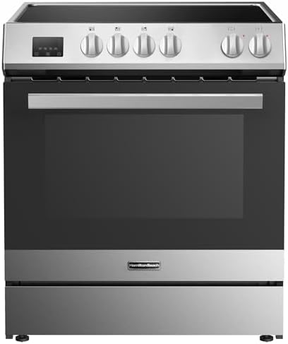 Hamilton Beach 30” Electric Oven with Induction Range, 4 Cooktop Burners, Heavy-Duty Metal Knobs, and Stainless Steel Cooking Racks