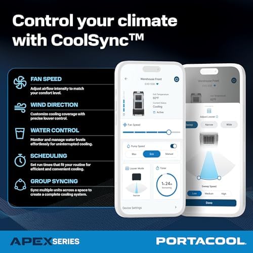 Portacool Apex 500 (PACA05001A1) – Wi-Fi Enabled High Velocity Portable Evaporative Cooler for 500 sq. ft. with up to 55-foot Reach, Oscillating Louvers, Programable, 13 Gallon Reservoir, Variable Spd