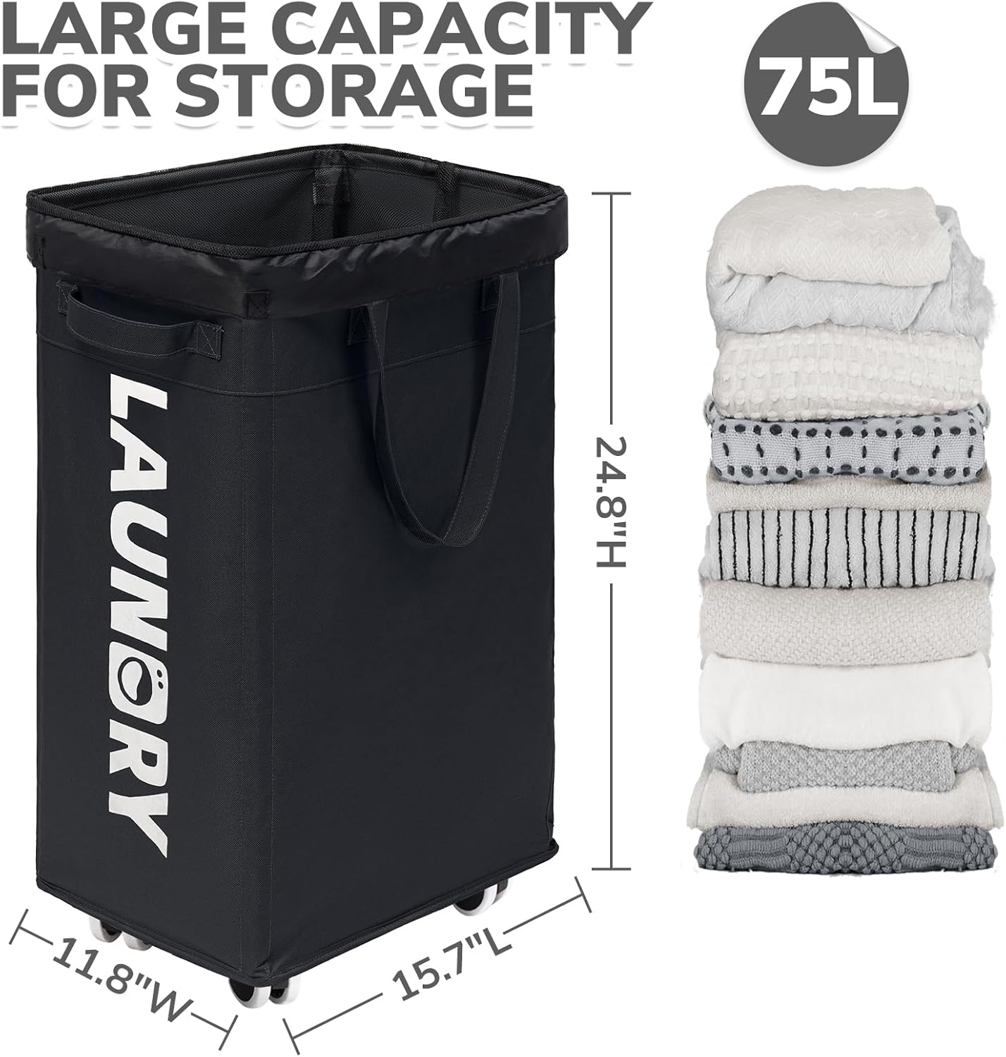 CHICVITA 2 Pack Laundry Hamper with Wheels & Removable Wash Bags, 75L Tall Laundry Basket for Dorms, Large Collapsible Hamper for Corner Spaces - Black