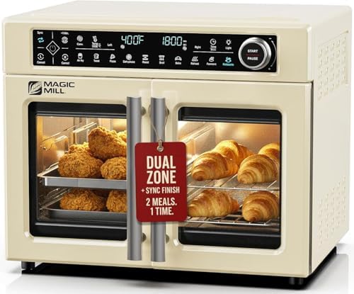 Magic Mill Ultra-Premium Dual-Zone Stainless Steel Air Fryer Toaster Oven Combo, Extra Large 32QT French Door Convection Oven with Next-Gen Patent Technology, 13 Accessories, Rotisserie, Sync Finish