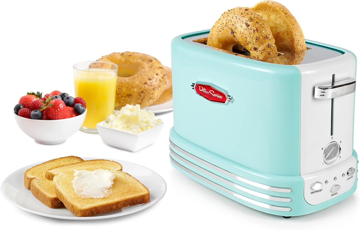 Nostalgia Retro Compact Countertop Microwave Oven, 0.7 Cu. Ft. 700-Watts with LED Digital Display & Retro Wide 2-Slice Toaster, Vintage Design With Crumb Tray, Cord Storage & 5 Toasting Levels, Aqua