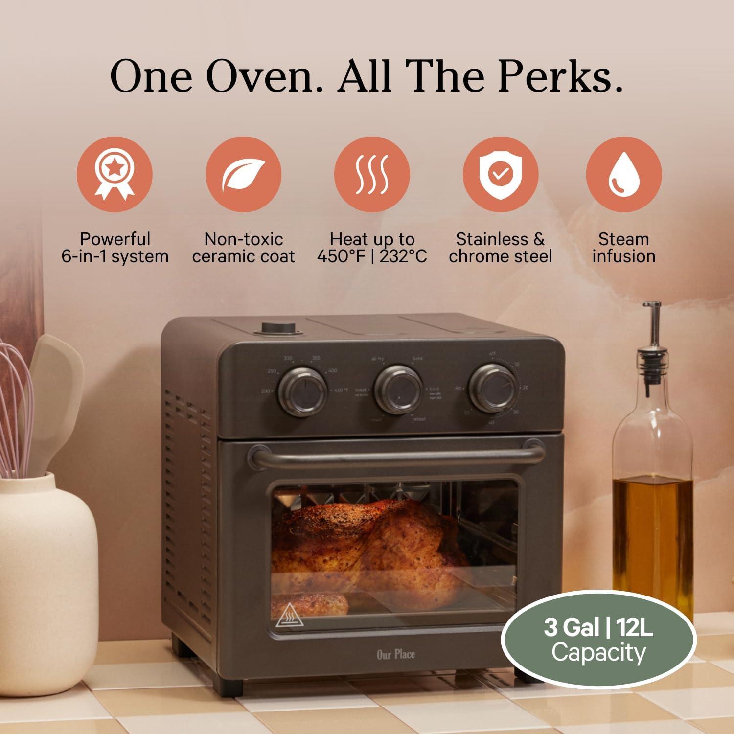 Our Place Wonder Oven | 6-in-1 Stainless Steel Air Fryer Toaster Oven Combo with Basket, Rack, Pan & Tray | Compact 13 QT Countertop Capacity - Toast, Roast, Bake, Reheat, Broil & Steam | Char