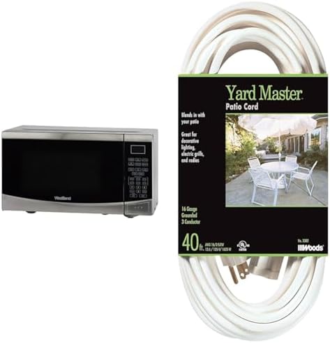 West Bend 0.9 Cu Ft 900W Microwave & Woods 40' 16/3 White Extension Cord with 3 Outlets