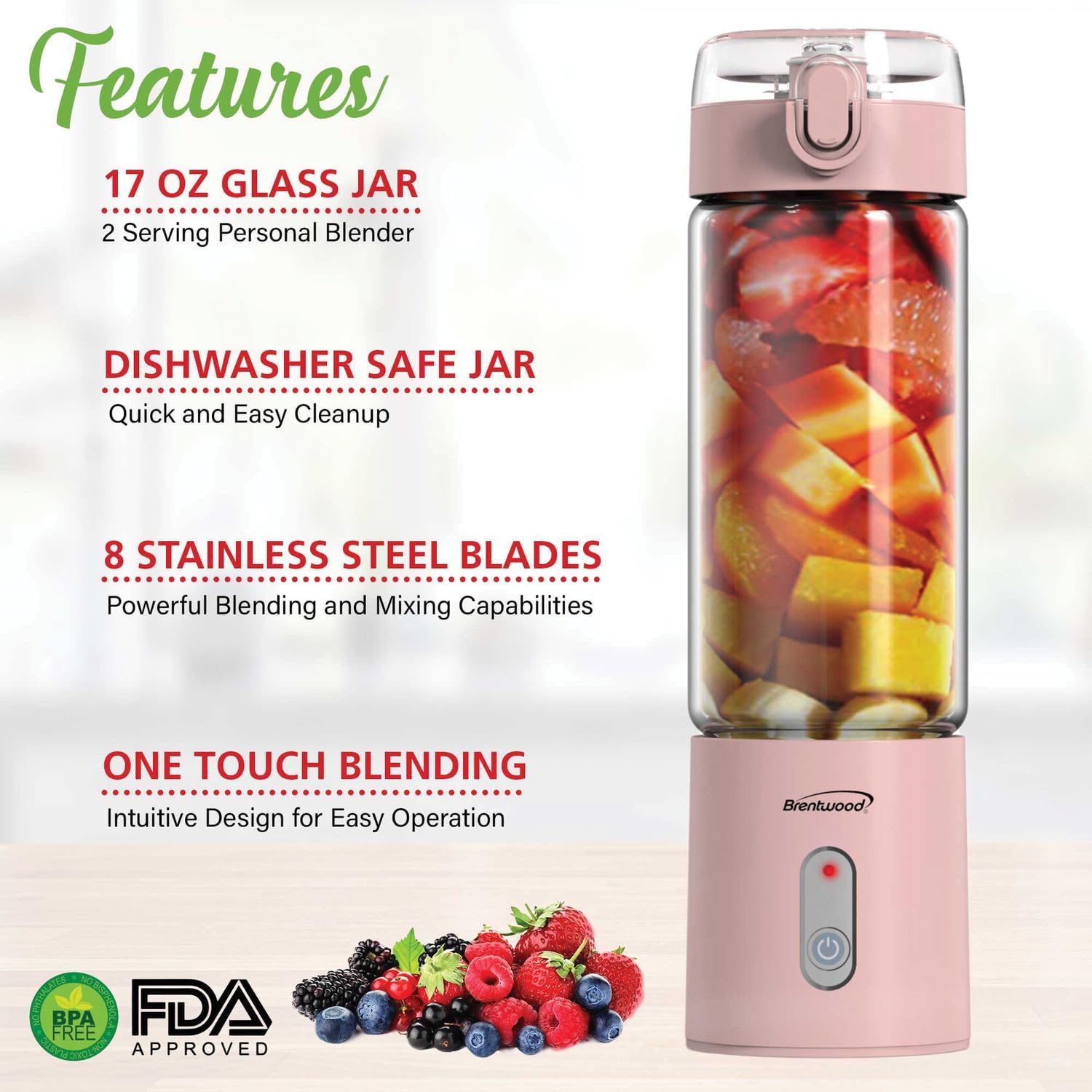 Brentwood 50-Watt 17-Oz. Portable Battery-Operated USB-Chargeable Glass Blender (Pink)