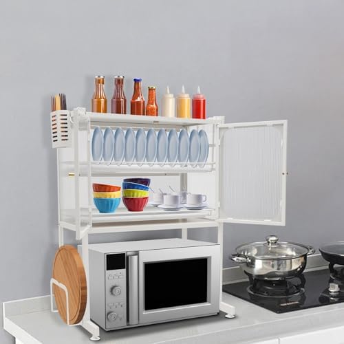 Tabletop Kitchen Storage Rack, 3-Tier Vertical Microwave Oven Rack with Cabinet, 22.4x14.5x29.9in Space-Saving Kitchen Counter Shelf, Extractable Draining Trays, Visualized Doors, Wide Baffle (White)