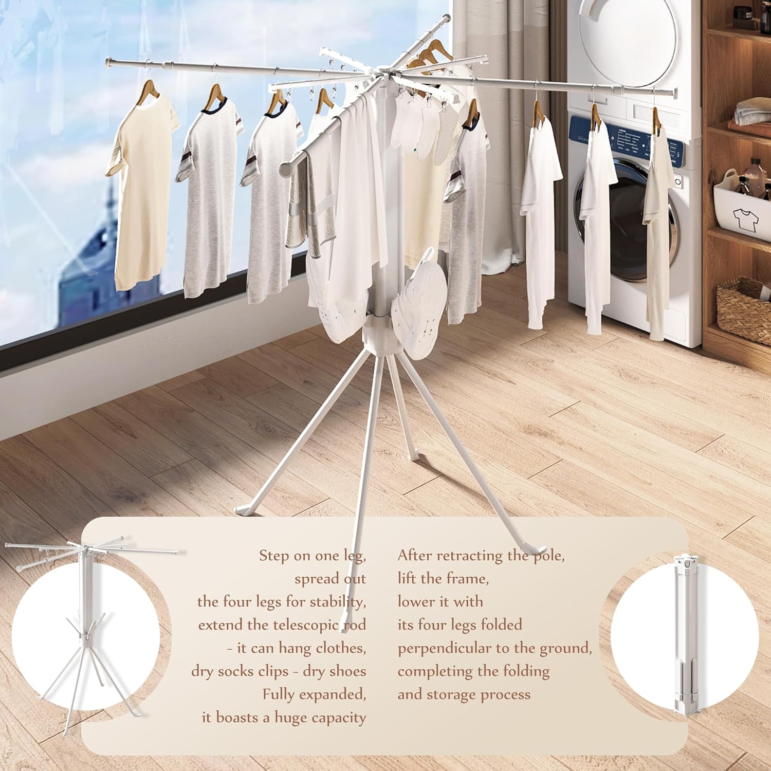 Clothes Drying Rack, Portable Foldable Laundry Drying Rack, Four-Legged Tripod-Style Drying Rack Clothing with Sock Clips & 4 Shoe Holders, Space-Saving Garment Rack for Indoor & Outdoor Use