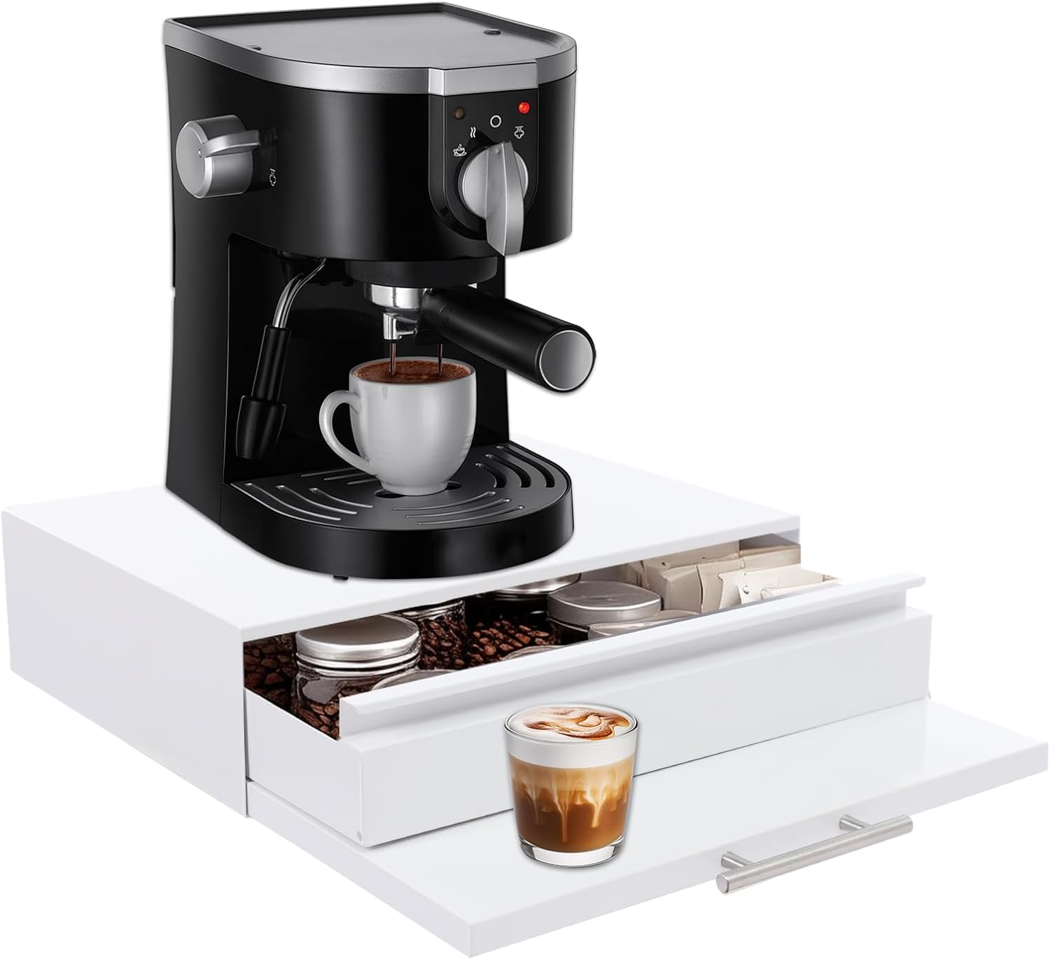 Steel Microwave Stand with Pull-Out Shelf & Drawer | Countertop Organizer for Compact Microwaves, Coffee Machine & Kitchen Appliances Storage (White+Drawer+Shelf)