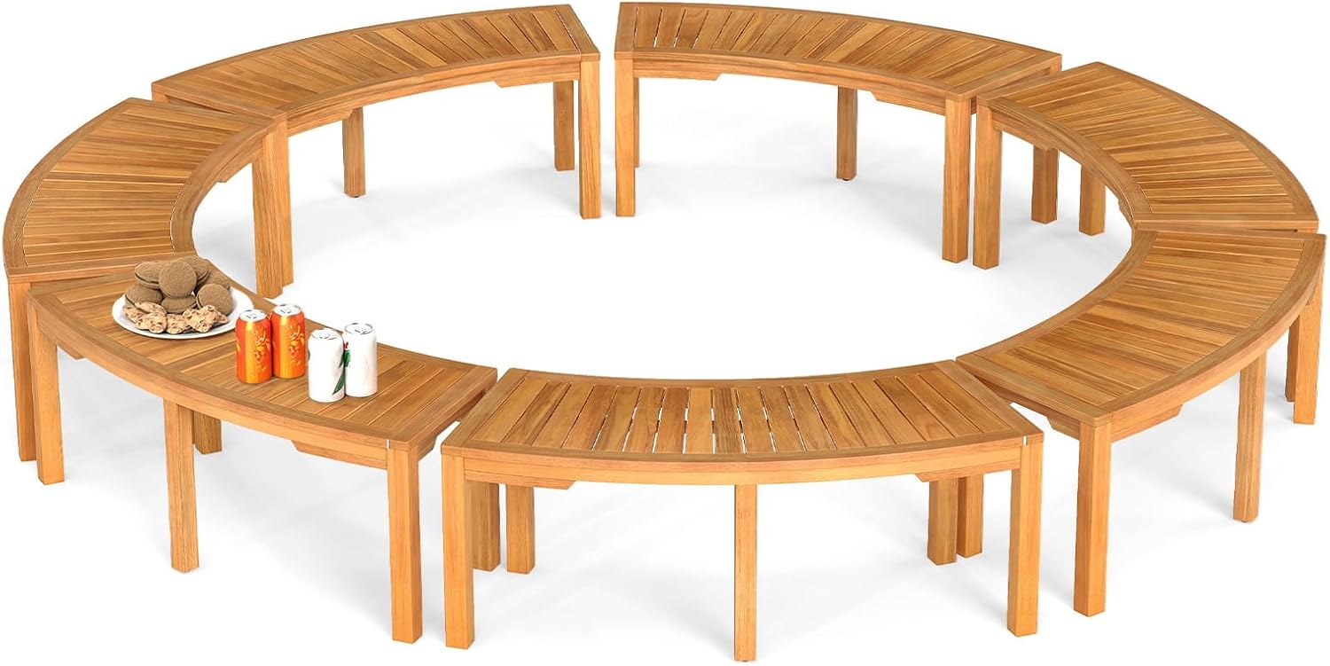 RELAX4LIFE Wooden Outdoor Curved Bench - Acacia Wood Garden Bench w/Slatted Seat, 2-Person Outside Backless Seating for Porch Backyard Deck Park, 800 LBS Load Capacity, Patio Fire Pit Bench (7, 45'')