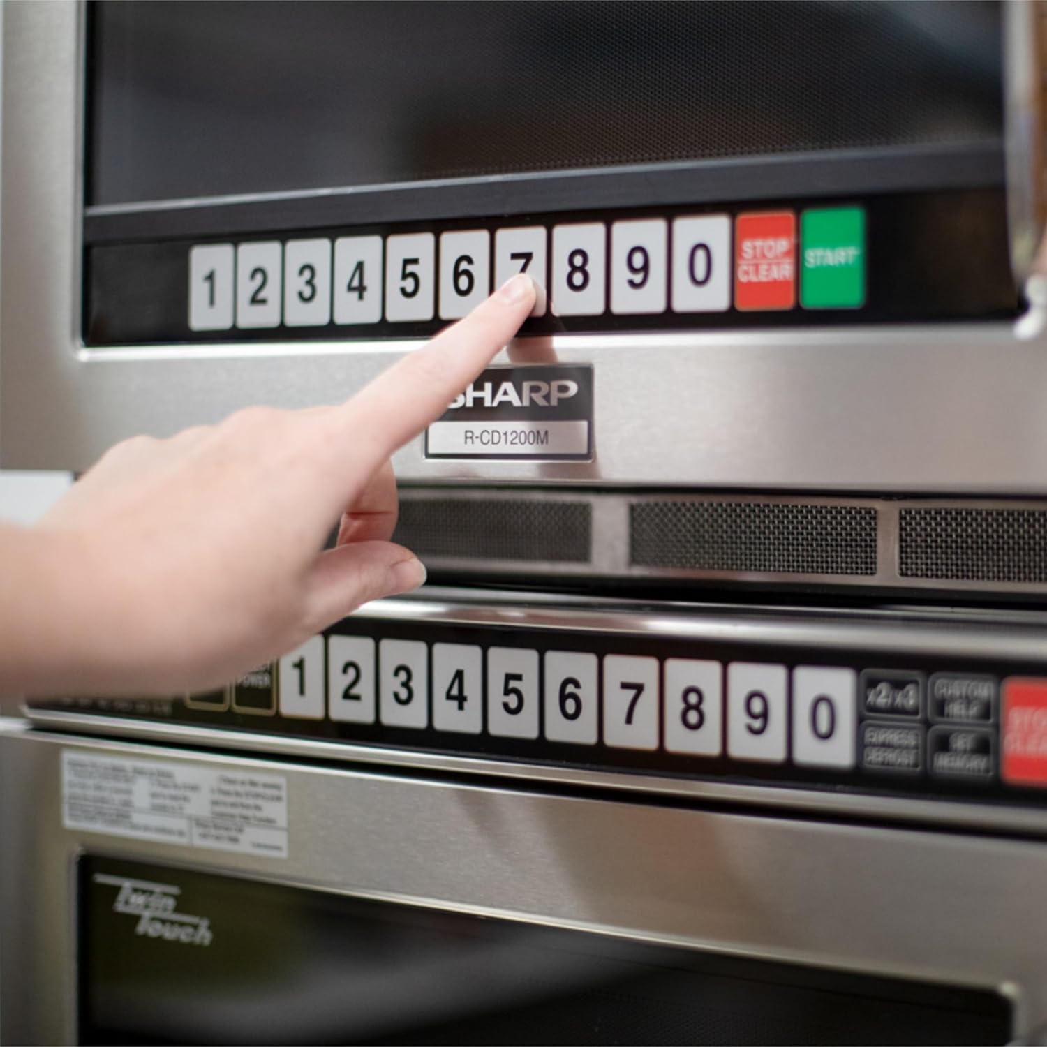 Sharp R-CD1800M Commercial Microwave Oven, TwinTouch Heavy Duty with Dual TouchPads, 1800 Watts, 0.75 Cu. Ft. Capacity, Stainless Steel, 10 Memory Pads, 4-Stage Programming, Auto Voltage Sensor