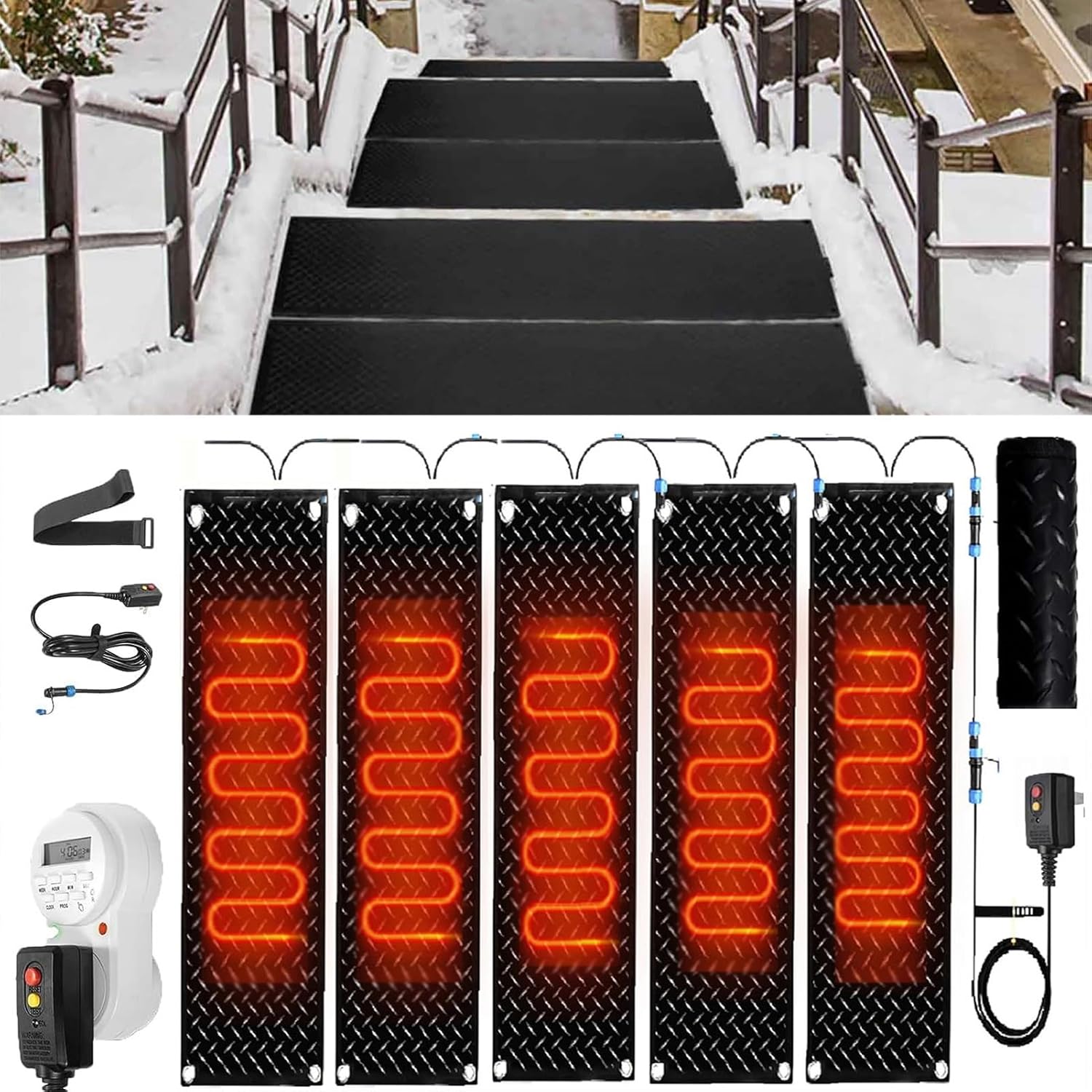 Heated Snow and Ice Melting Mats for Entrances, 1/2/3/4/5 Pcs Non Slip Rubber Heated Mat,with Timer Outdoor Stairs- Non-Slip Winter Removal and Ice Melt Products -Heating Entrance(5 Pcs,12x36i