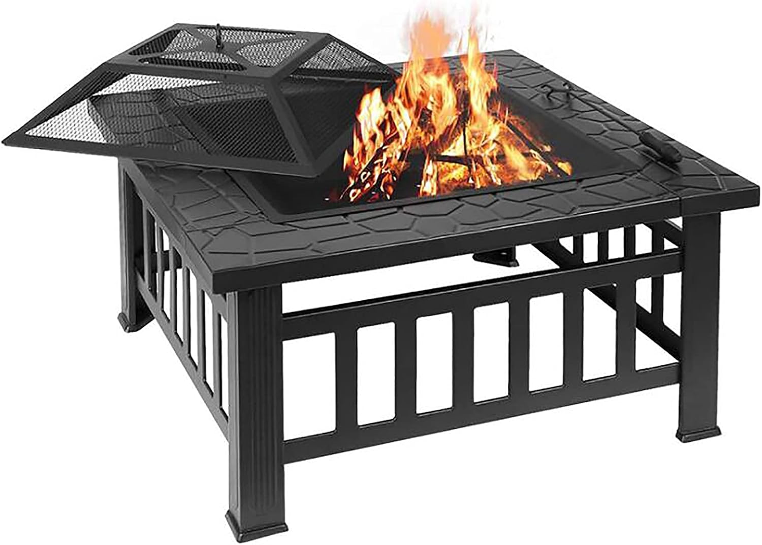 31.89 Inch Square Outdoor Fire Pit Table with Grill with Spark Screen,Waterproof Cover,Poker,for Camping Outdoor Heating Bonfire and Picnic