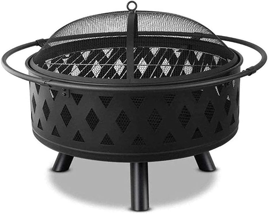 Small Firepit, Fire Pit with BBQ Grill Shelf, Outdoor Metal Brazier Star Moon Shape Garden Patio Heater Camping Bowl BBQ with Grill, Mesh Lid, Grate