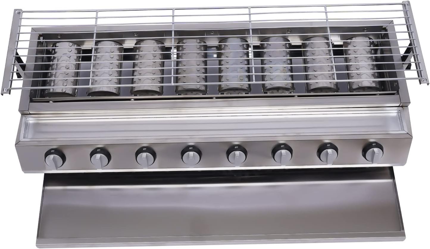 8 Burner Propane Gas Grill, Portable Stainless Steel BBQ Grill Smokeless with Height Adjustable,for Outdoor Party or Backyard BBQ,Silver